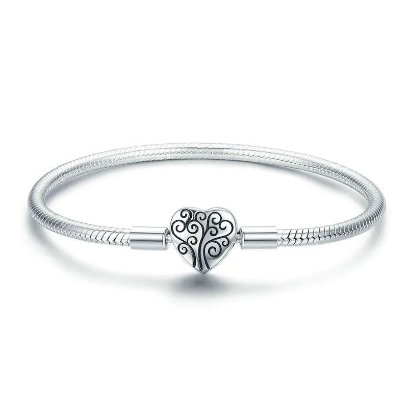 S925 Silver Bracelet with Heart Charm and Snake Chain