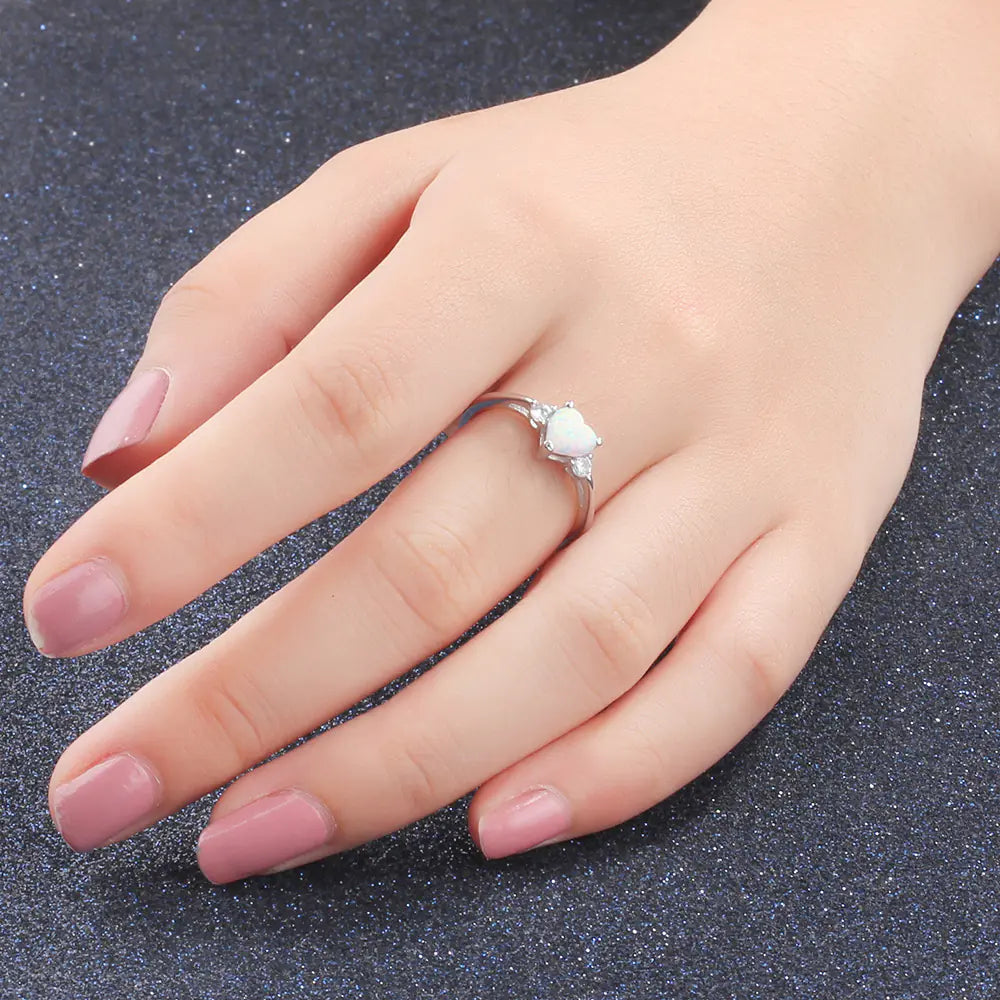 Couple's Heart-Shaped Opal 925 Silver Ring for Women