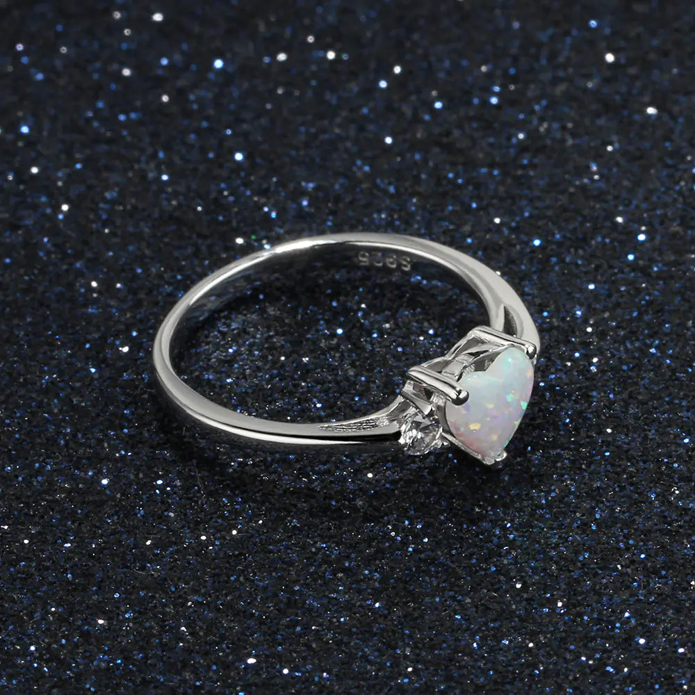 Couple's Heart-Shaped Opal 925 Silver Ring for Women